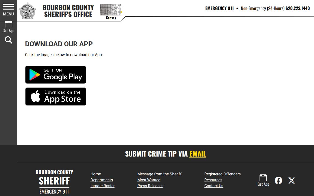 Official Bourbon County sheriff mobile app landing page with store links