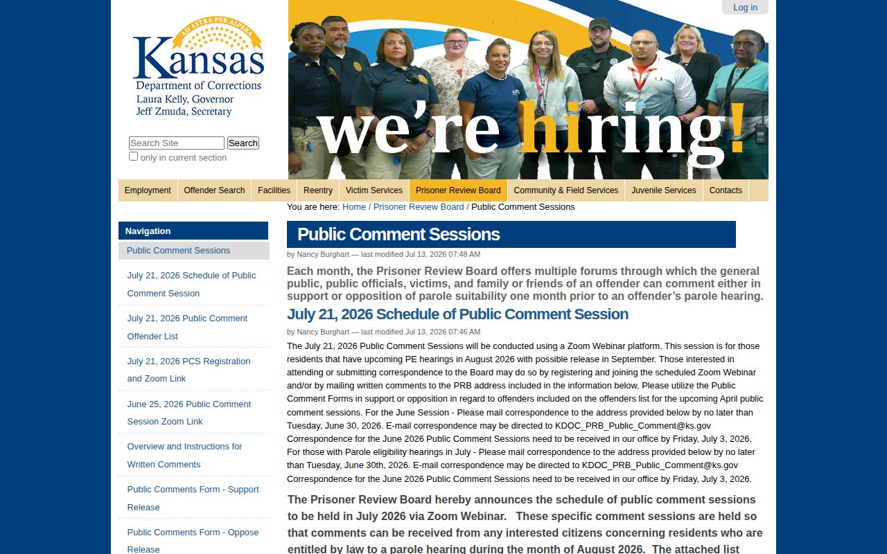 Kansas Prisoner Review Board monthly public comment calendar and offender list area